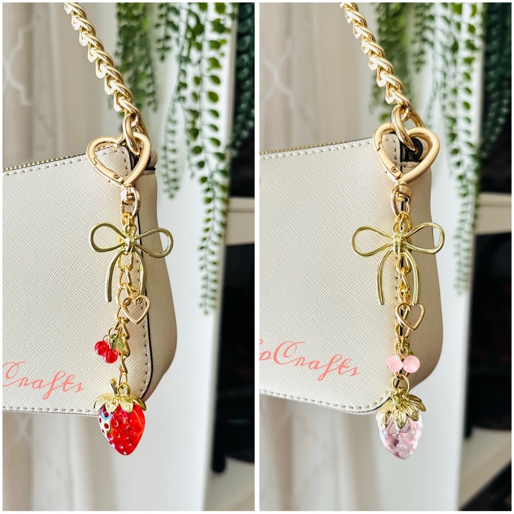 Strawberry Charm Keychain with Gold Accents